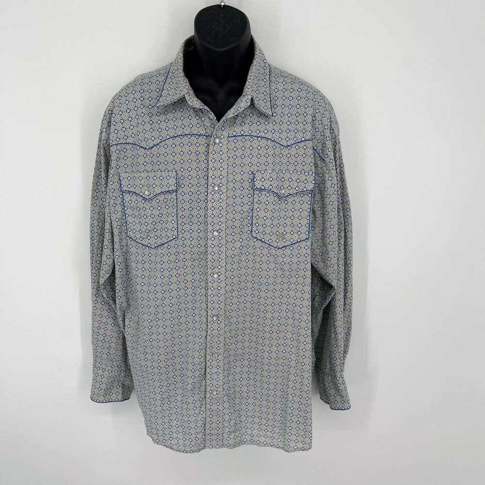 Roper Western Shirt Mens Sz 2XL Blue Green Embroidery Pearl Snaps Pockets Cotton